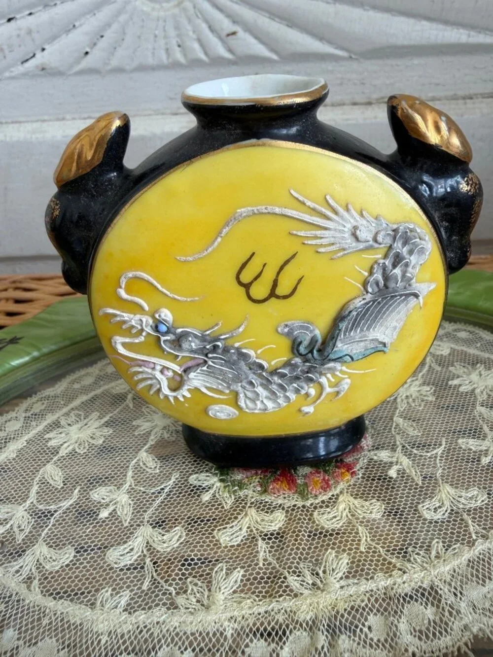 Vintage 40's Japanese Dragonware Yellow Black Small Bottle Vase